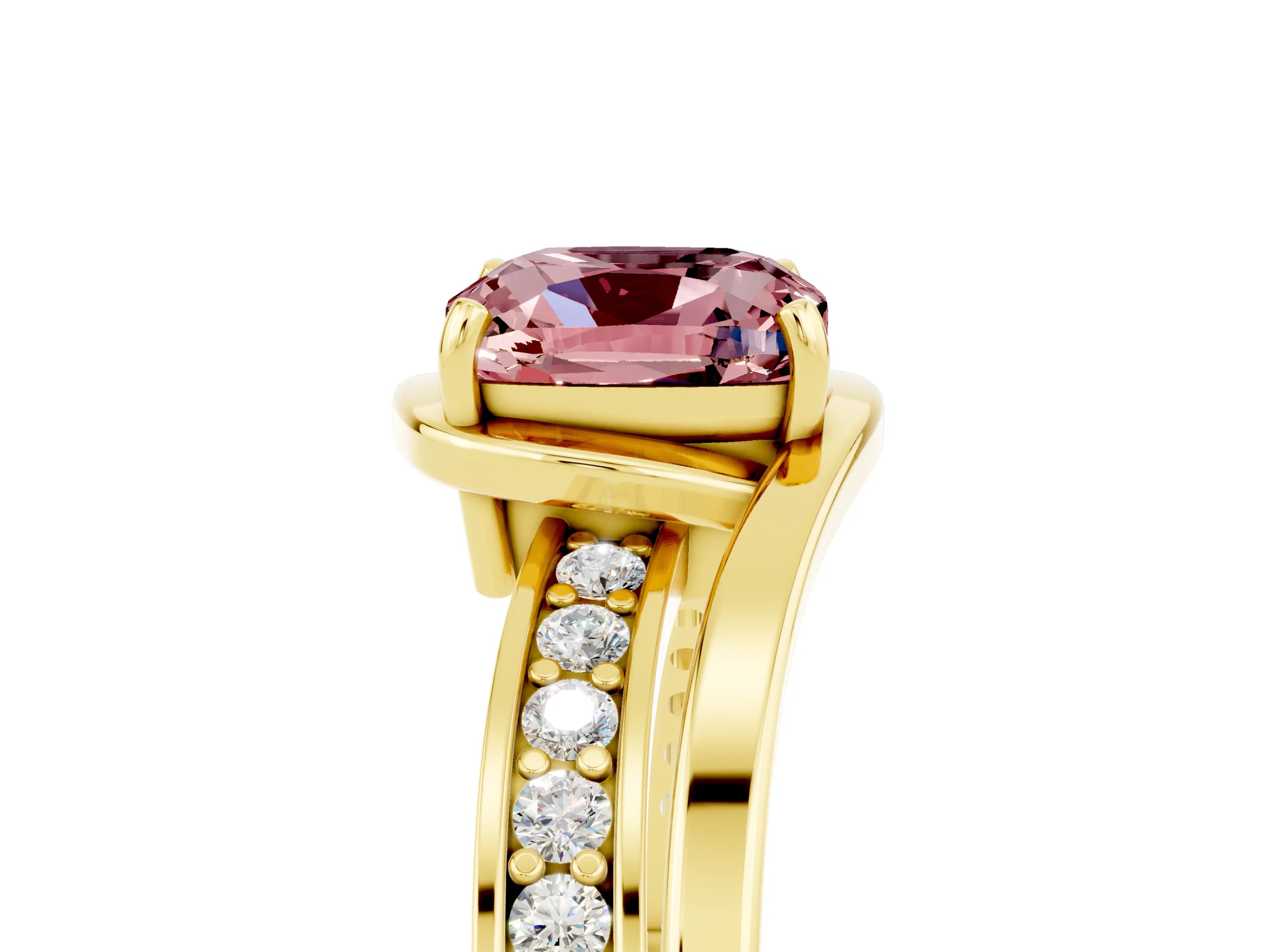 Yellow gold Cushion Cut Morganite Solitaire Ring with Split Shank and Prong Setting_5