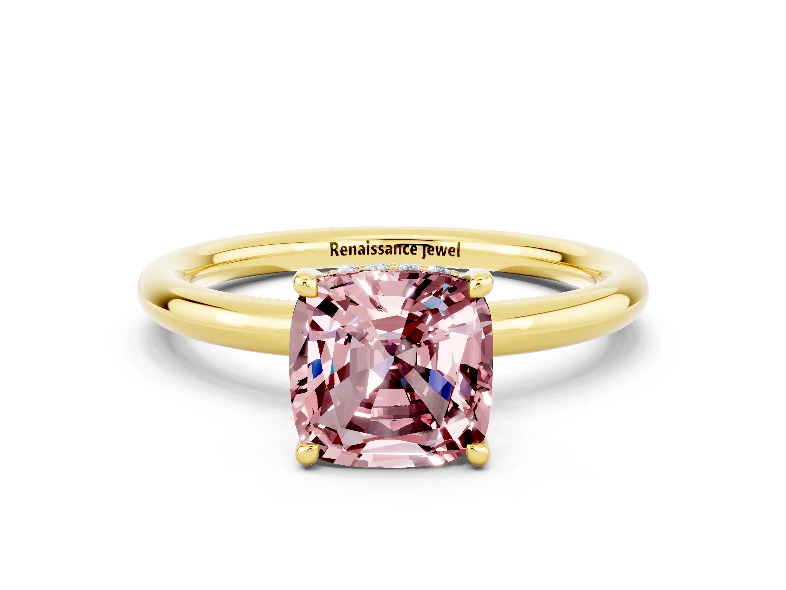 Yellow gold Cushion Cut Morganite Solitaire Ring with Thin Band and Four-Prong Setting
