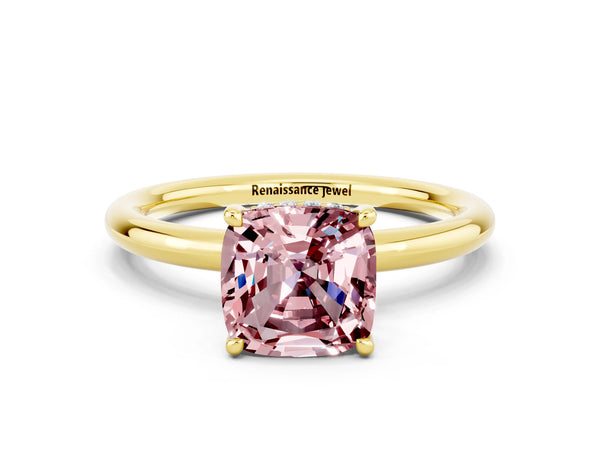 Yellow gold Cushion Cut Morganite Solitaire Ring with Thin Band and Four-Prong Setting