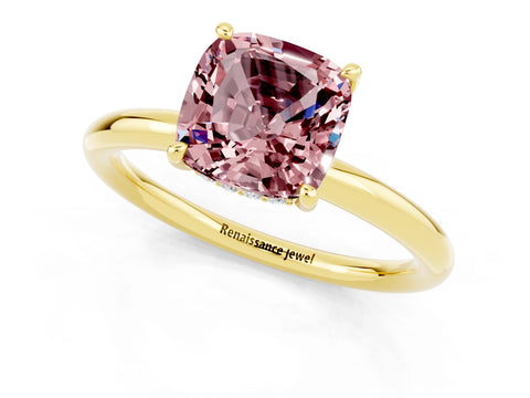 Yellow gold Cushion Cut Morganite Solitaire Ring with Thin Band and Four-Prong Setting_1