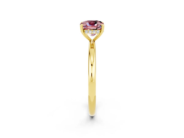 Yellow gold Cushion Cut Morganite Solitaire Ring with Thin Band and Four-Prong Setting