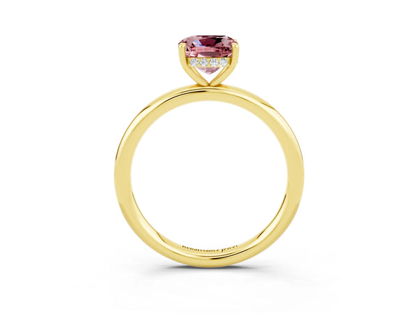 Yellow gold Cushion Cut Morganite Solitaire Ring with Thin Band and Four-Prong Setting