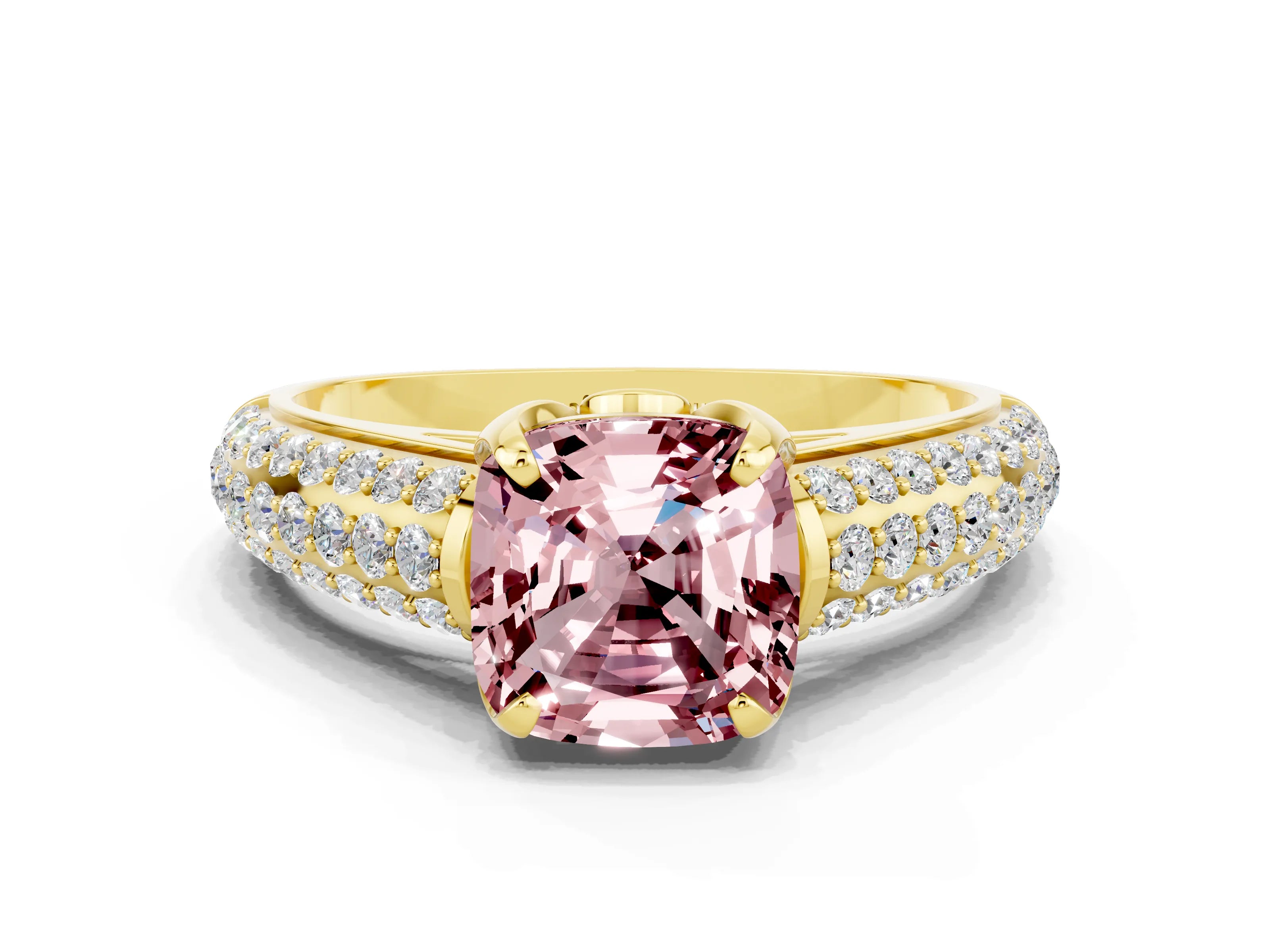 Yellow gold Cushion Cut Morganite Solitaire Ring with Three-Row Pavé Band and Four-Prong Setting_12