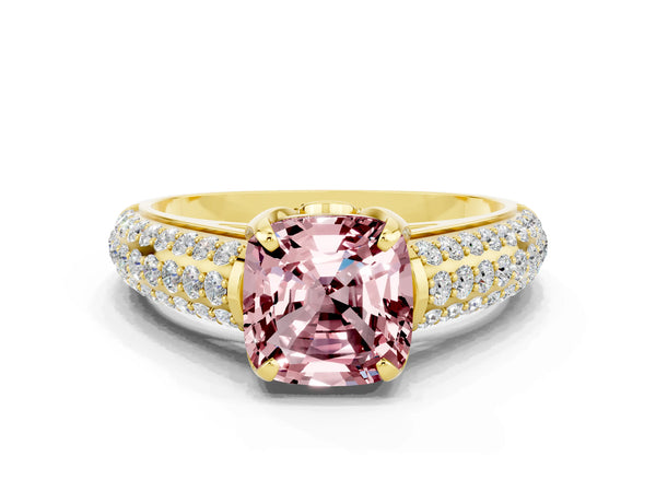 Yellow gold Cushion Cut Morganite Solitaire Ring with Three-Row Pavé Band and Four-Prong Setting
