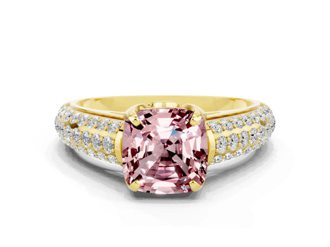 Yellow gold Cushion Cut Morganite Solitaire Ring with Three-Row Pavé Band and Four-Prong Setting_12