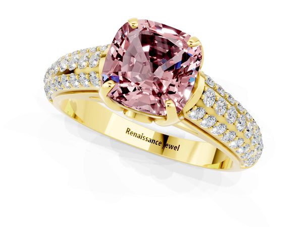 Yellow gold Cushion Cut Morganite Solitaire Ring with Three-Row Pavé Band and Four-Prong Setting