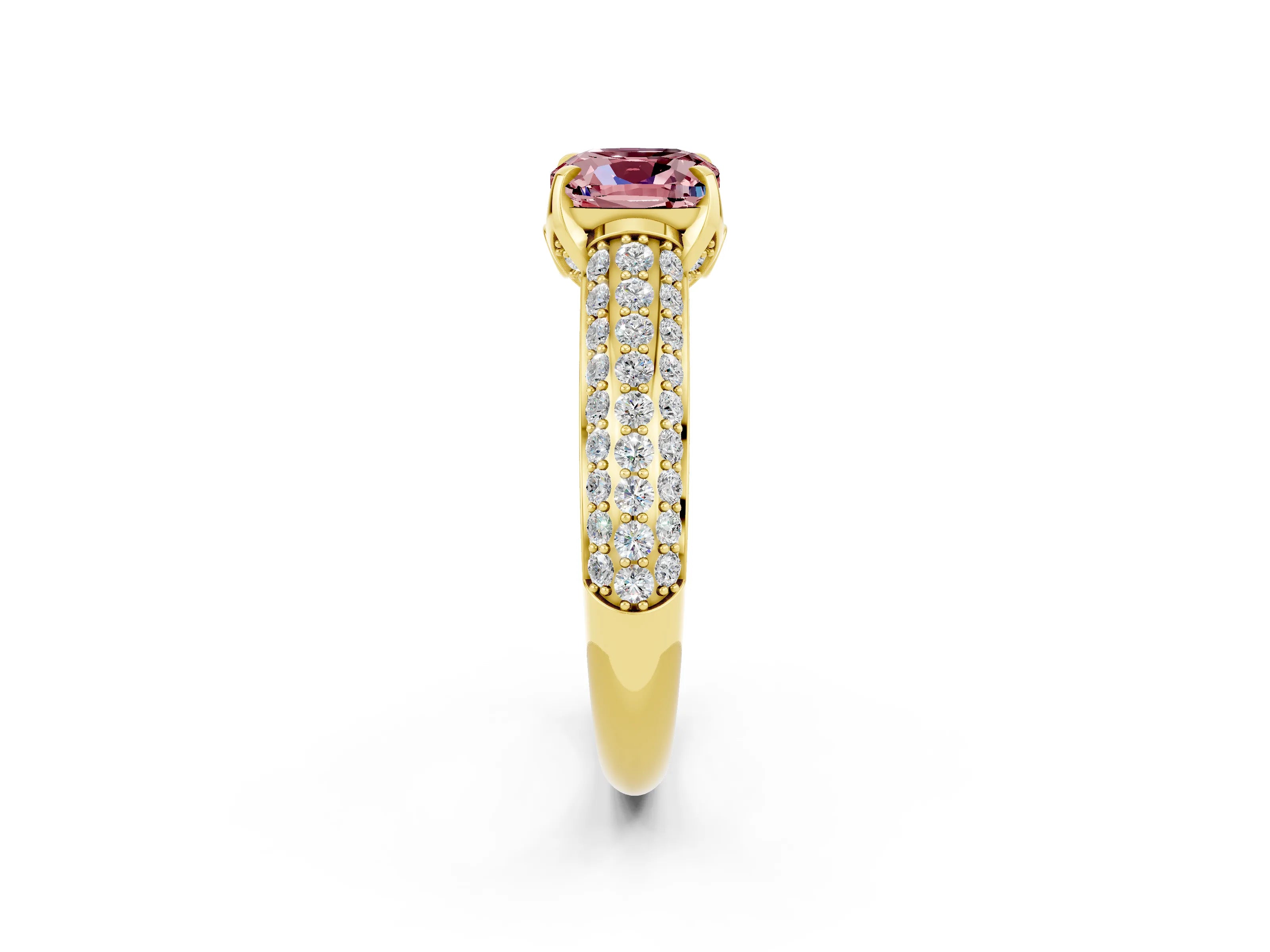 Yellow gold Cushion Cut Morganite Solitaire Ring with Three-Row Pavé Band and Four-Prong Setting_14