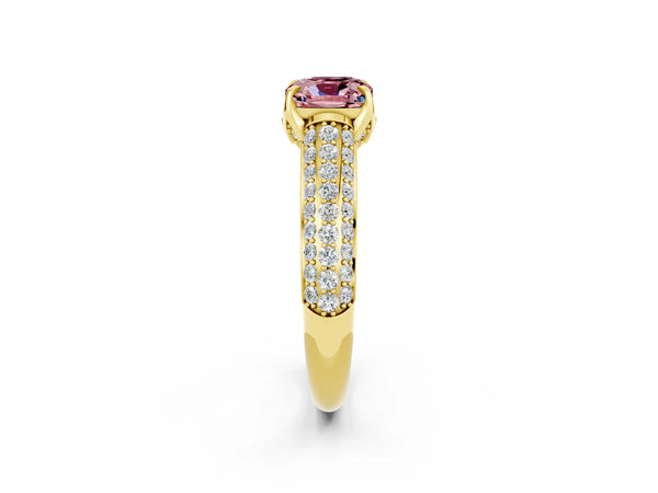 Yellow gold Cushion Cut Morganite Solitaire Ring with Three-Row Pavé Band and Four-Prong Setting