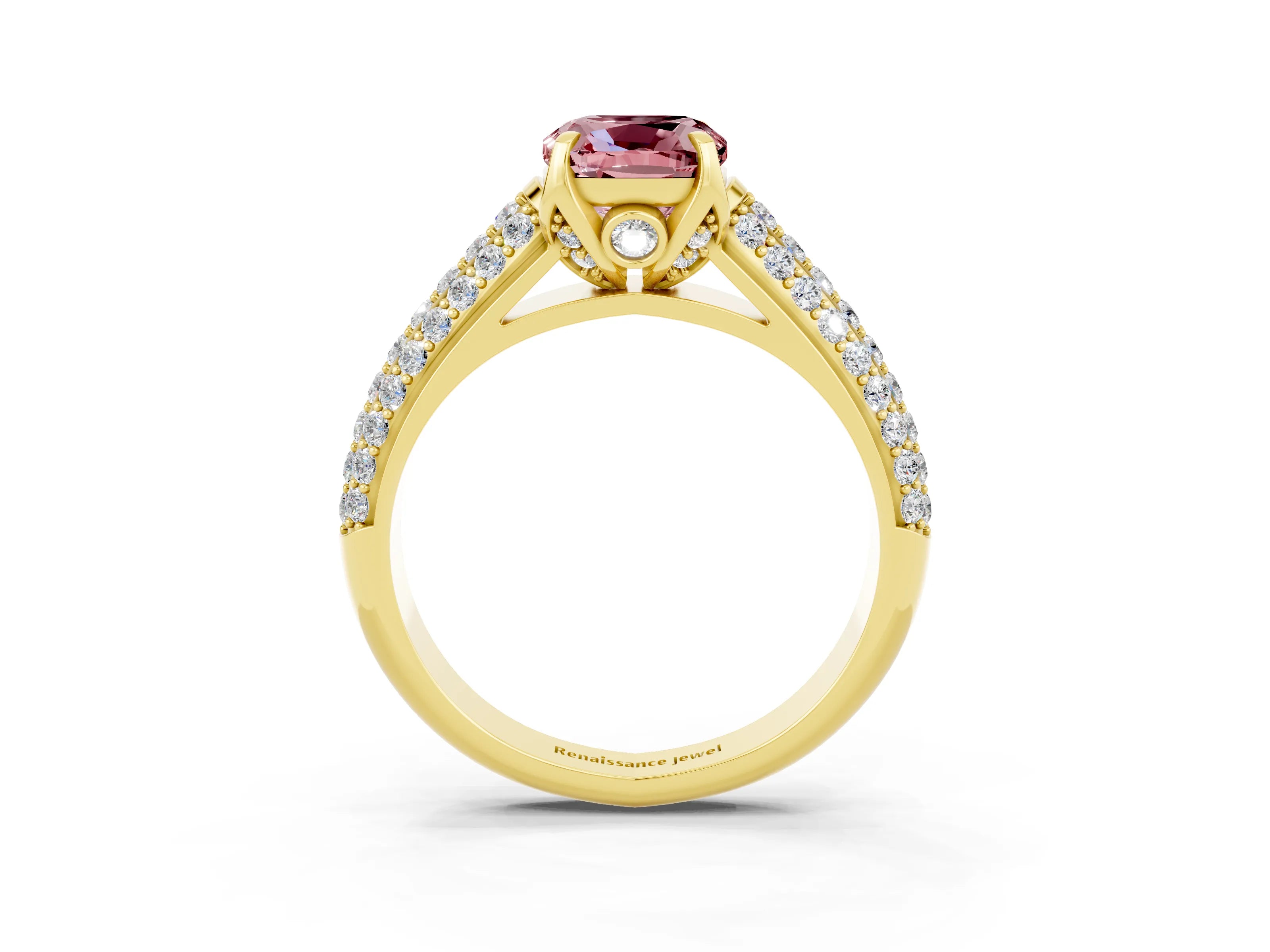 Yellow gold Cushion Cut Morganite Solitaire Ring with Three-Row Pavé Band and Four-Prong Setting_15