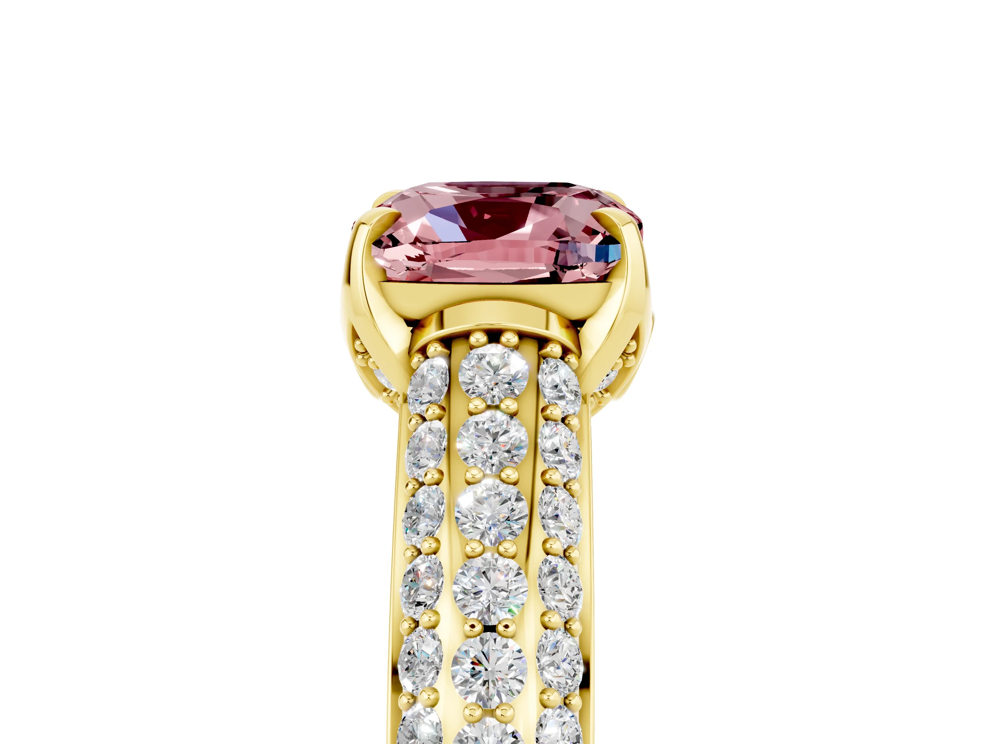 Yellow gold Cushion Cut Morganite Solitaire Ring with Three-Row Pavé Band and Four-Prong Setting_17
