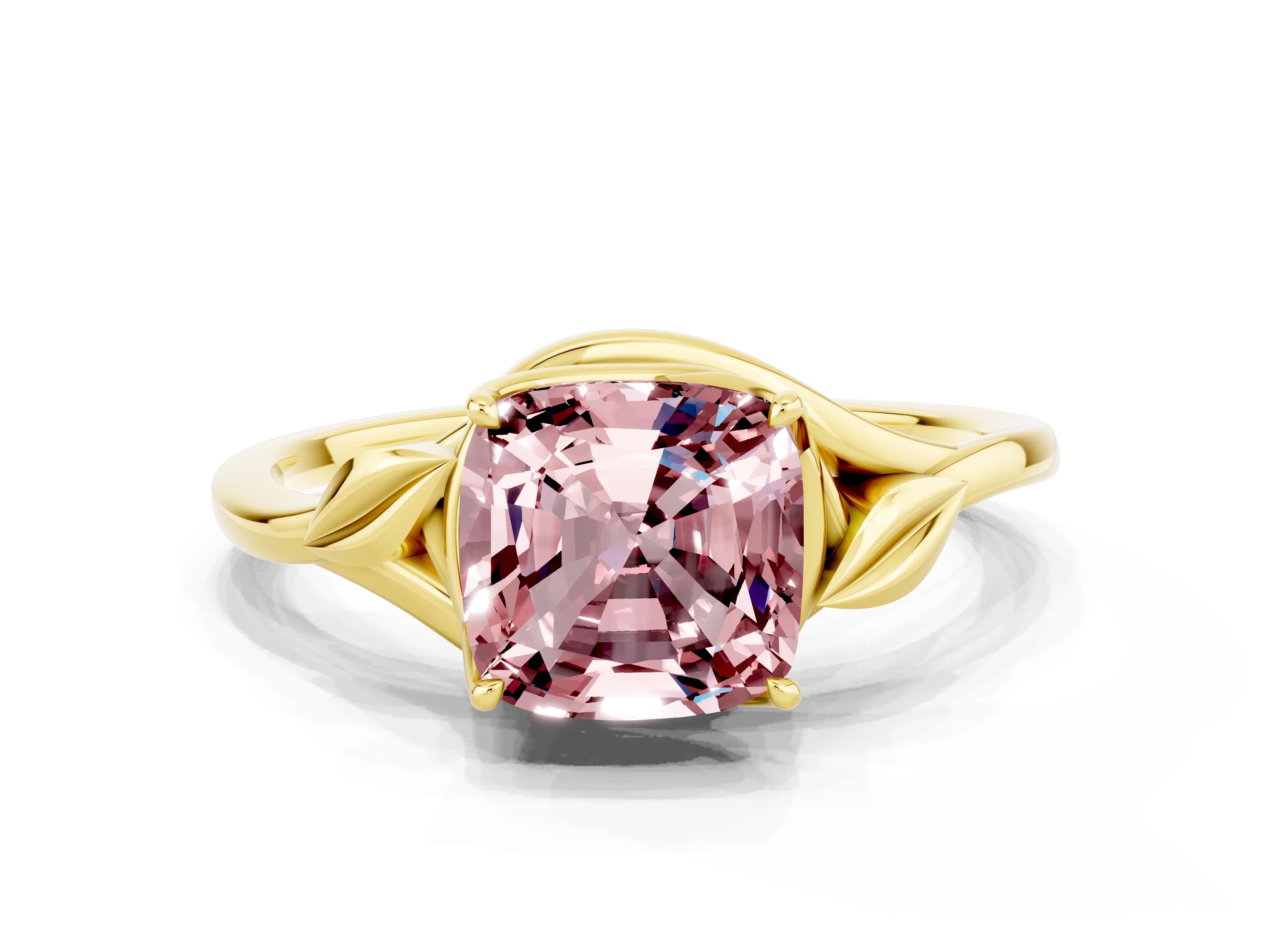 Yellow gold Cushion Cut Morganite Solitaire Ring with Twist Band and Four-Prong Setting_24