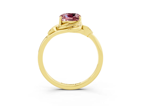 Yellow gold Cushion Cut Morganite Solitaire Ring with Twist Band and Four-Prong Setting