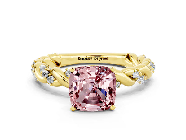 Yellow gold Cushion Cut Morganite Solitaire Ring with Twisted Band and Pavé Accents