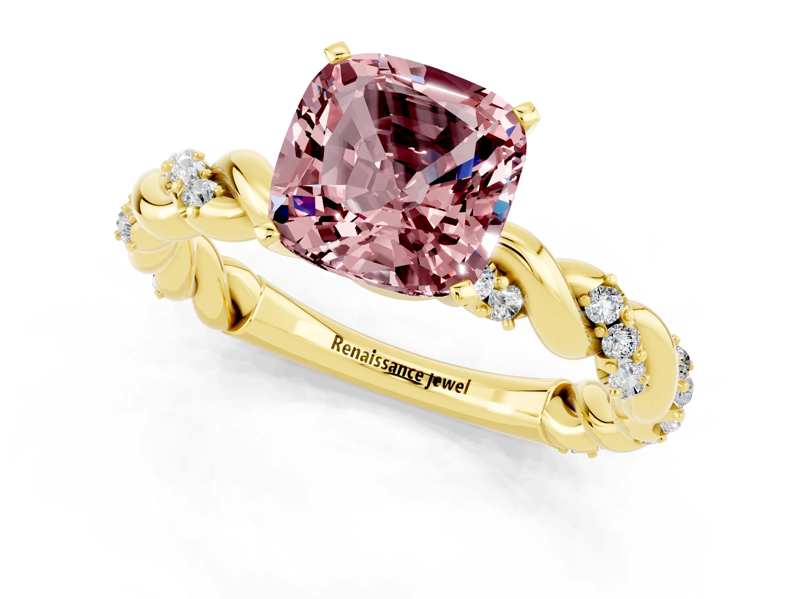 Yellow gold Cushion Cut Morganite Solitaire Ring with Twisted Band and Pavé Accents_1