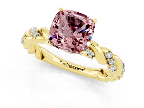 Yellow gold Cushion Cut Morganite Solitaire Ring with Twisted Band and Pavé Accents_1