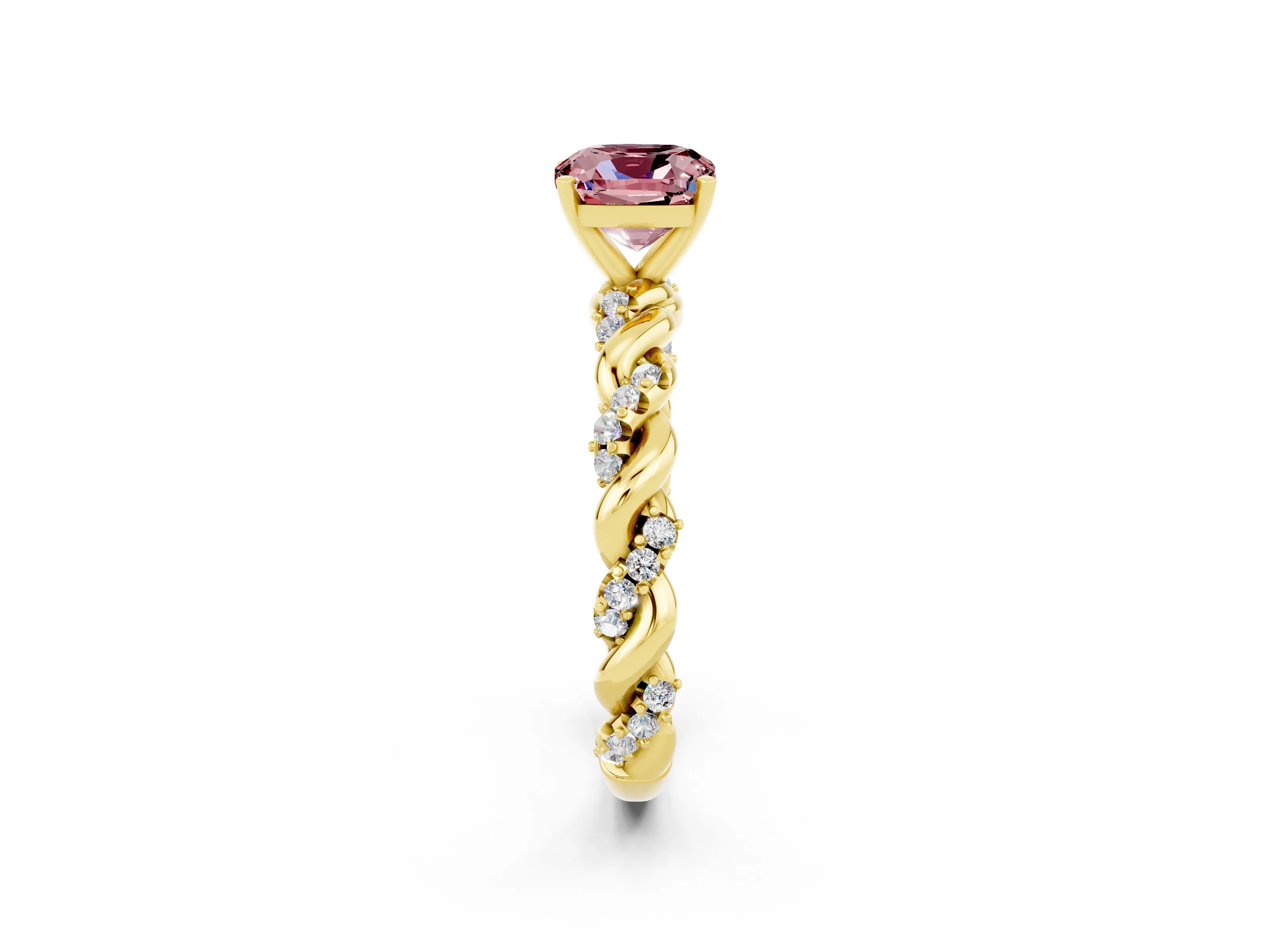 Yellow gold Cushion Cut Morganite Solitaire Ring with Twisted Band and Pavé Accents_2