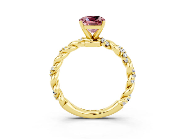 Yellow gold Cushion Cut Morganite Solitaire Ring with Twisted Band and Pavé Accents
