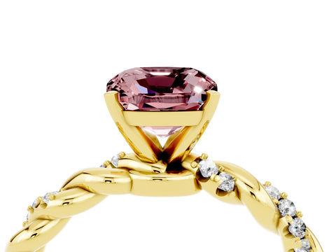 Yellow gold Cushion Cut Morganite Solitaire Ring with Twisted Band and Pavé Accents_4