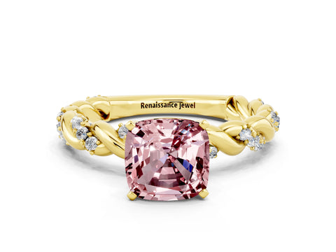 Yellow gold Cushion Cut Morganite Solitaire Ring with Twisted Band and Pavé Accents
