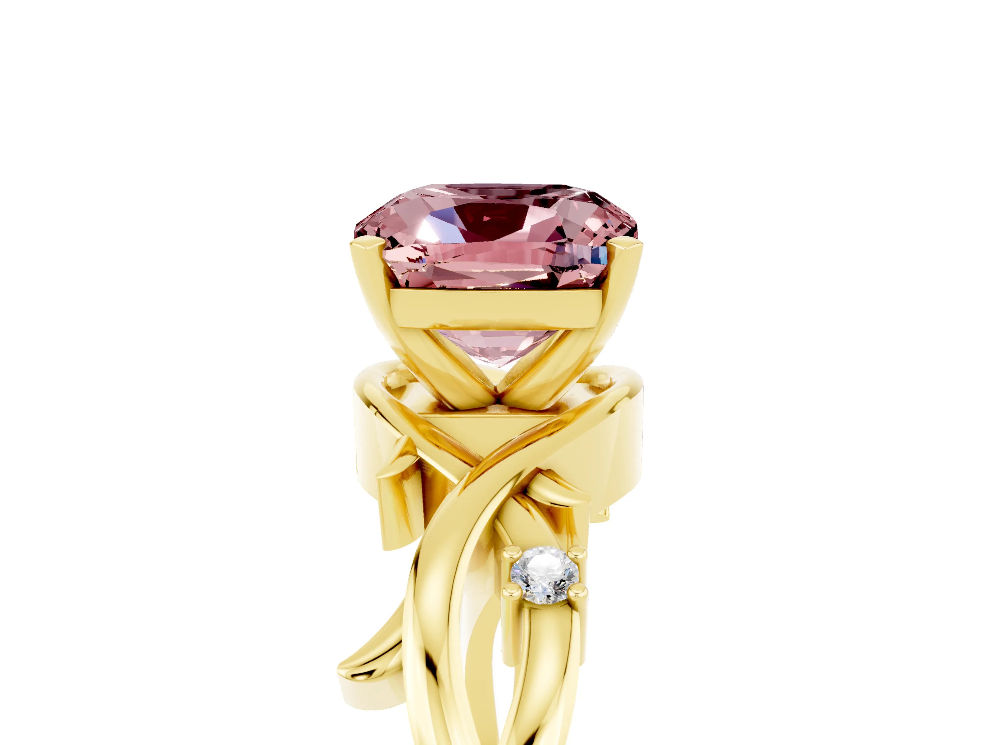 Yellow gold Cushion Cut Morganite Solitaire Ring with Twisted Band and Prong Setting_5