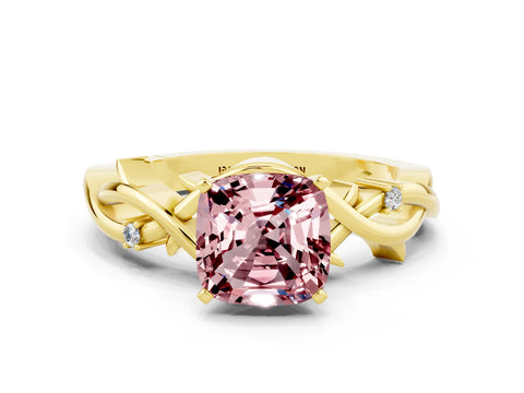 Yellow gold Cushion Cut Morganite Solitaire Ring with Twisted Band and Prong Setting