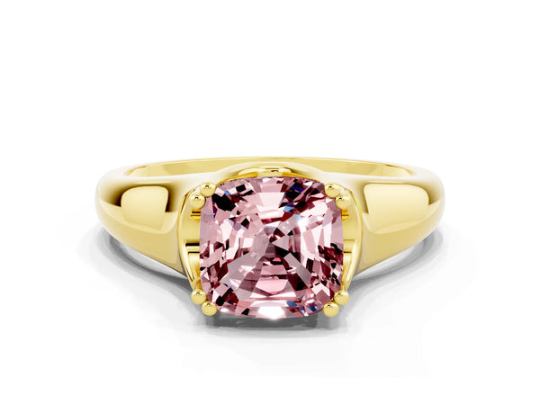 Yellow gold Cushion Cut Morganite Solitaire Ring with Wide Band and Prong Setting