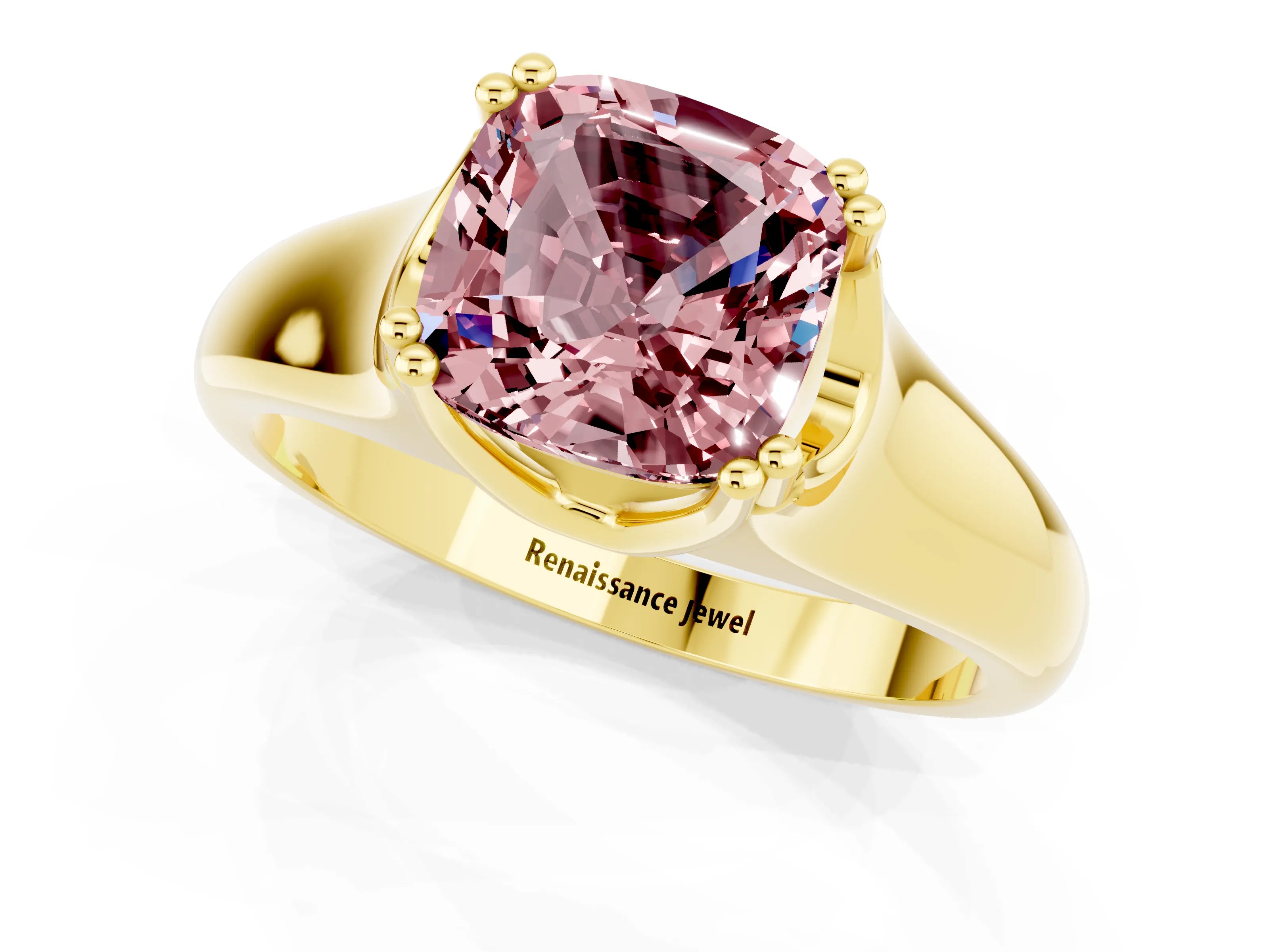Yellow gold Cushion Cut Morganite Solitaire Ring with Wide Band and Prong Setting_1