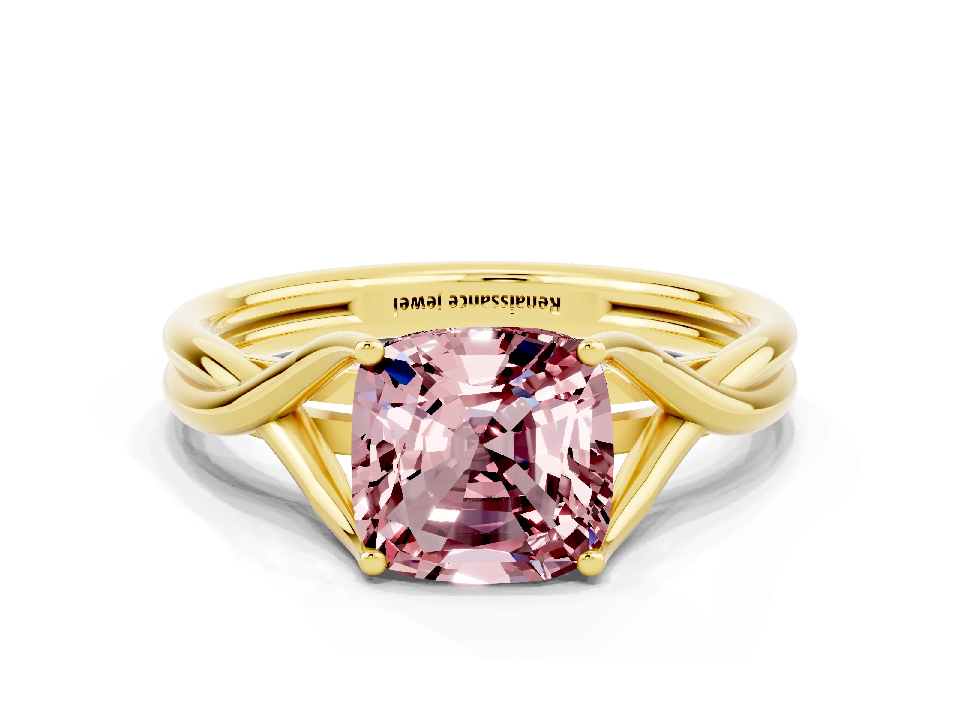 Yellow gold Cushion Cut Morganite Solitaire Twist Band Prong Setting Ring_32