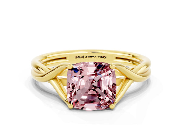 Yellow gold Cushion Cut Morganite Solitaire Twist Band Prong Setting Ring