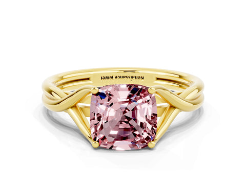 Yellow gold Cushion Cut Morganite Solitaire Twist Band Prong Setting Ring_32