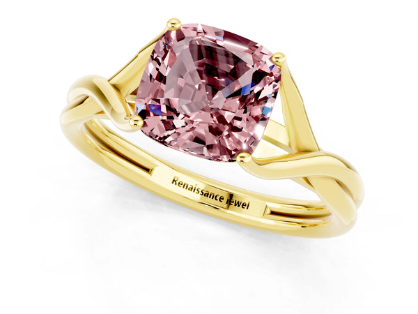 Yellow gold Cushion Cut Morganite Solitaire Twist Band Prong Setting Ring