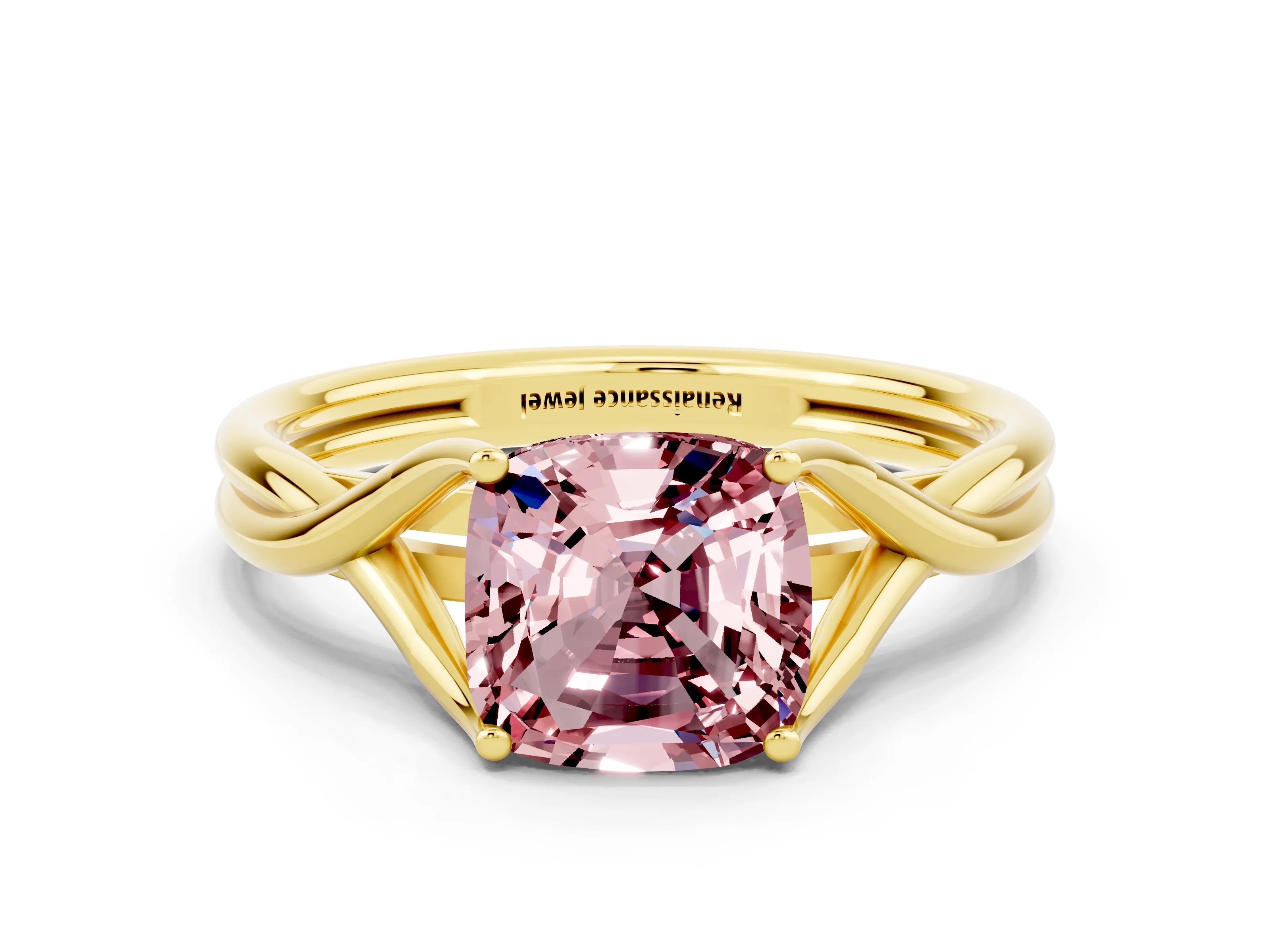 Yellow gold Cushion Cut Morganite Solitaire Twist Band Prong Setting Ring_44