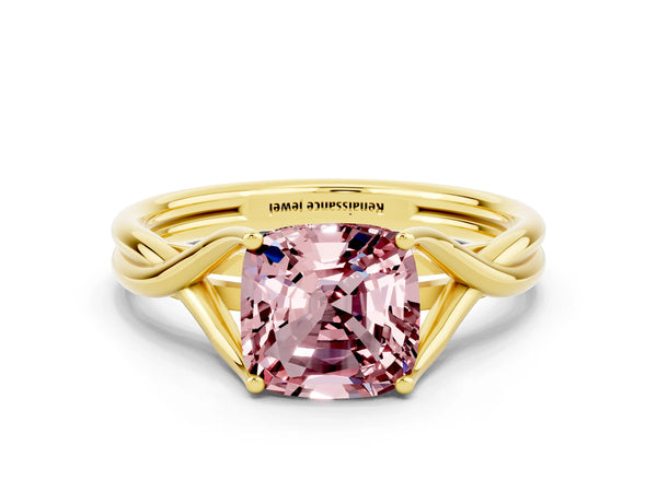 Yellow gold Cushion Cut Morganite Solitaire Twist Band Prong Setting Ring