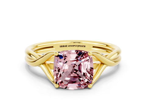 Yellow gold Cushion Cut Morganite Solitaire Twist Band Prong Setting Ring_44