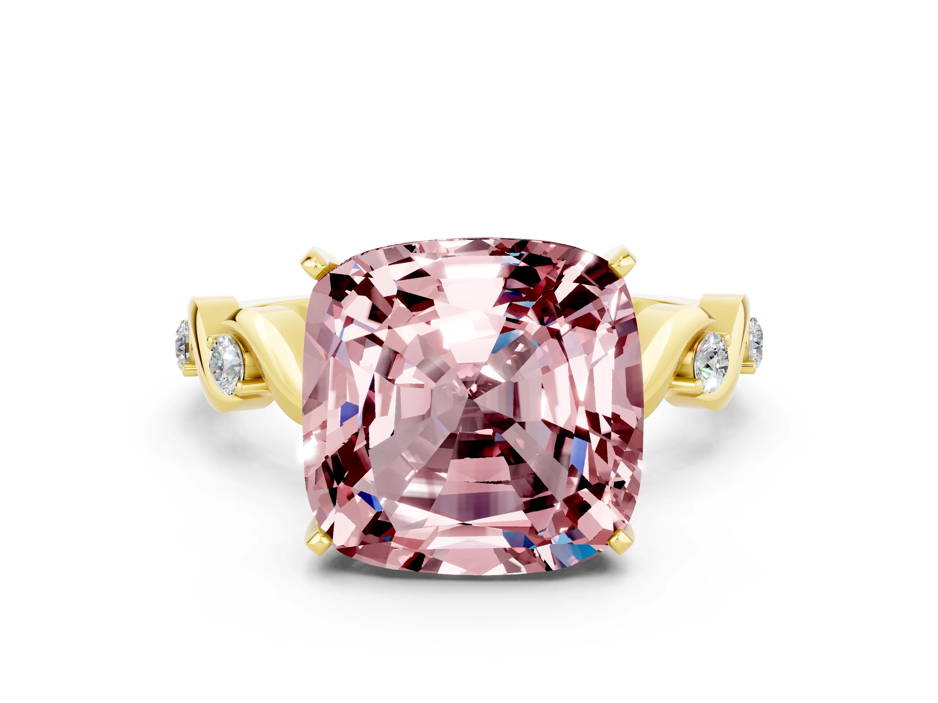 Yellow gold Cushion Cut Morganite Solitaire Twisted Band with Round  Accents and Prong Setting_12