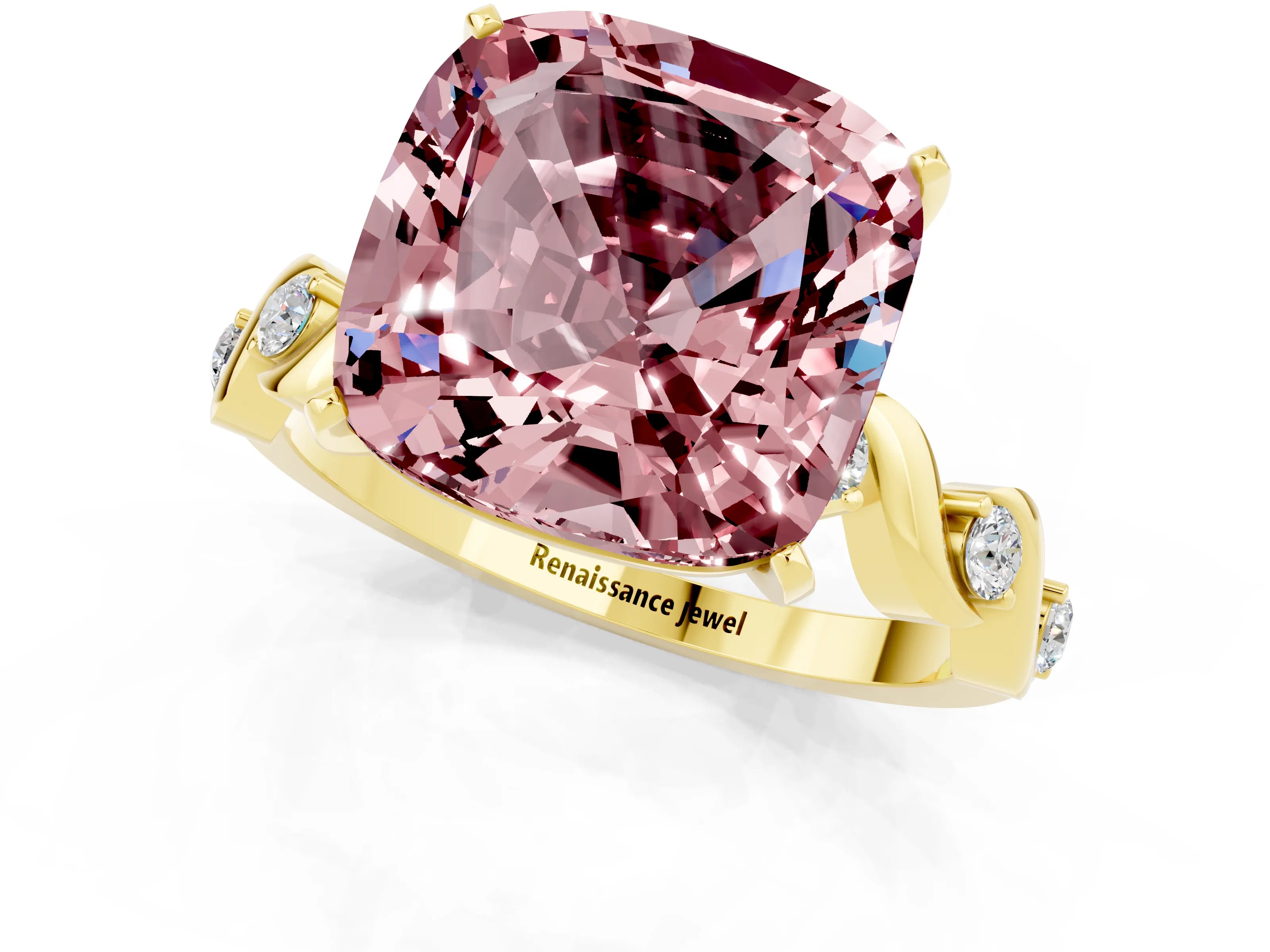 Yellow gold Cushion Cut Morganite Solitaire Twisted Band with Round  Accents and Prong Setting_13