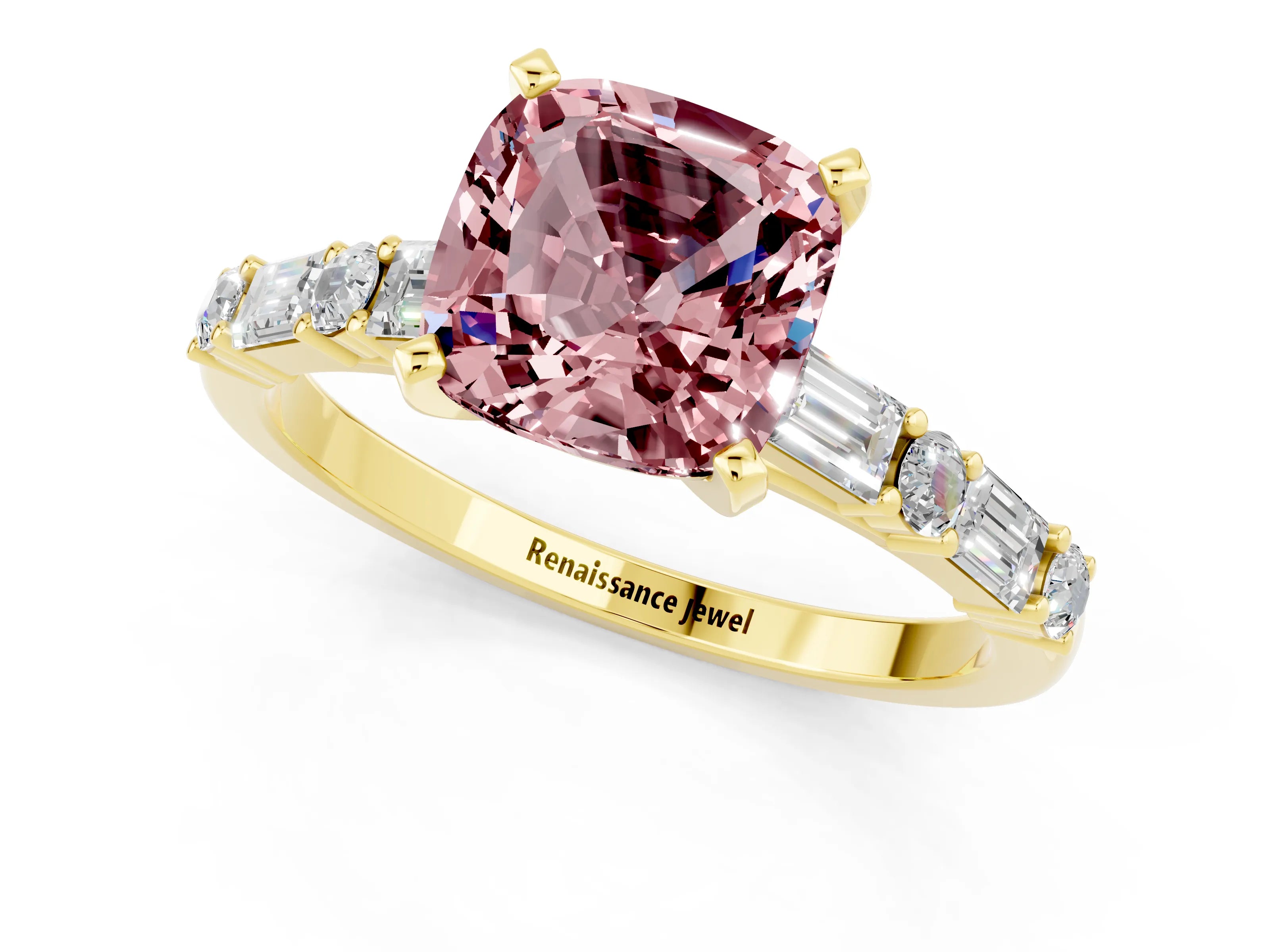 Yellow gold Cushion Cut Morganite Solitaire with Side Baguettes and Channel Set Band_1