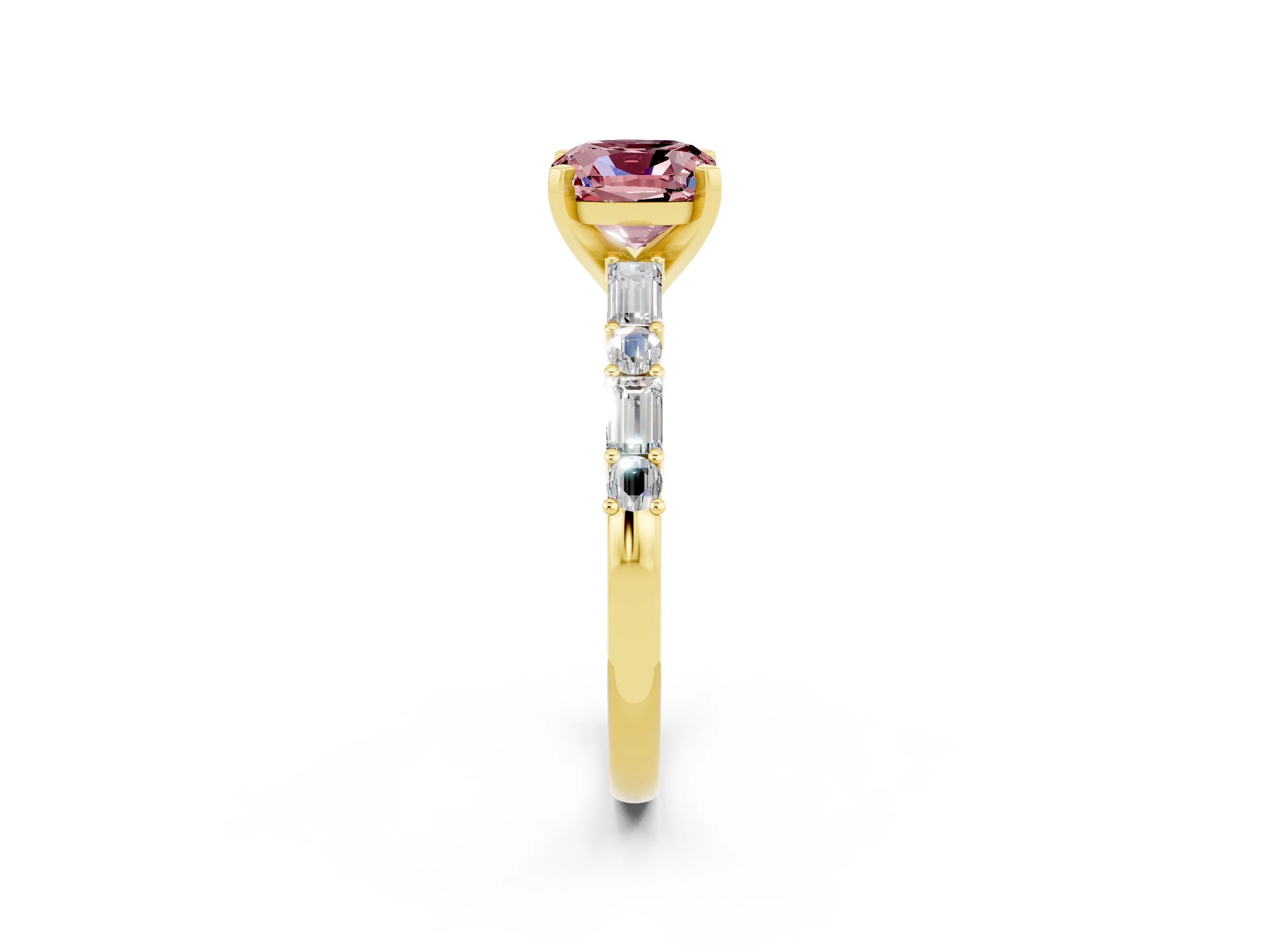 Yellow gold Cushion Cut Morganite Solitaire with Side Baguettes and Channel Set Band_2