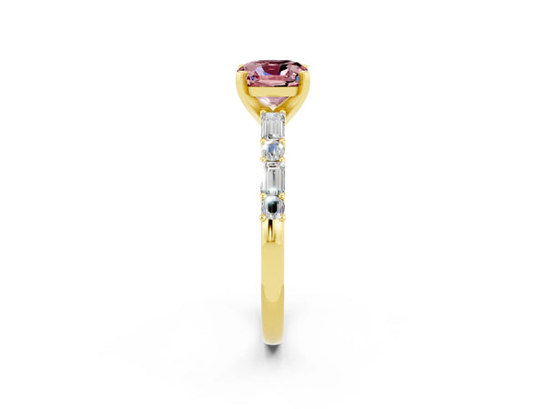 Yellow gold Cushion Cut Morganite Solitaire with Side Baguettes and Channel Set Band