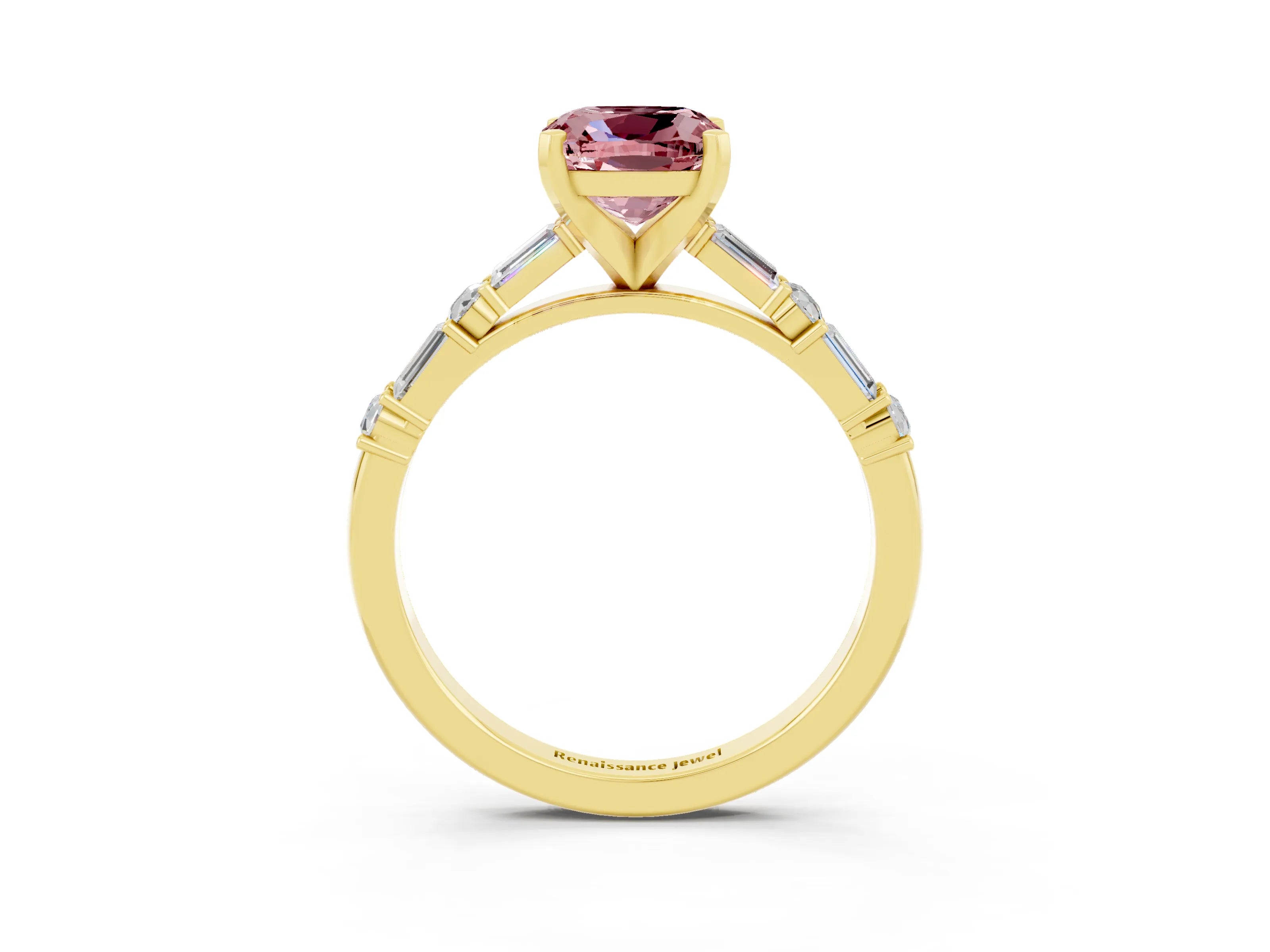 Yellow gold Cushion Cut Morganite Solitaire with Side Baguettes and Channel Set Band_3
