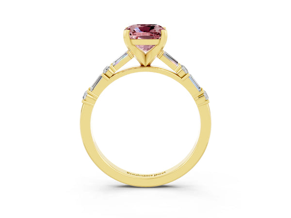 Yellow gold Cushion Cut Morganite Solitaire with Side Baguettes and Channel Set Band
