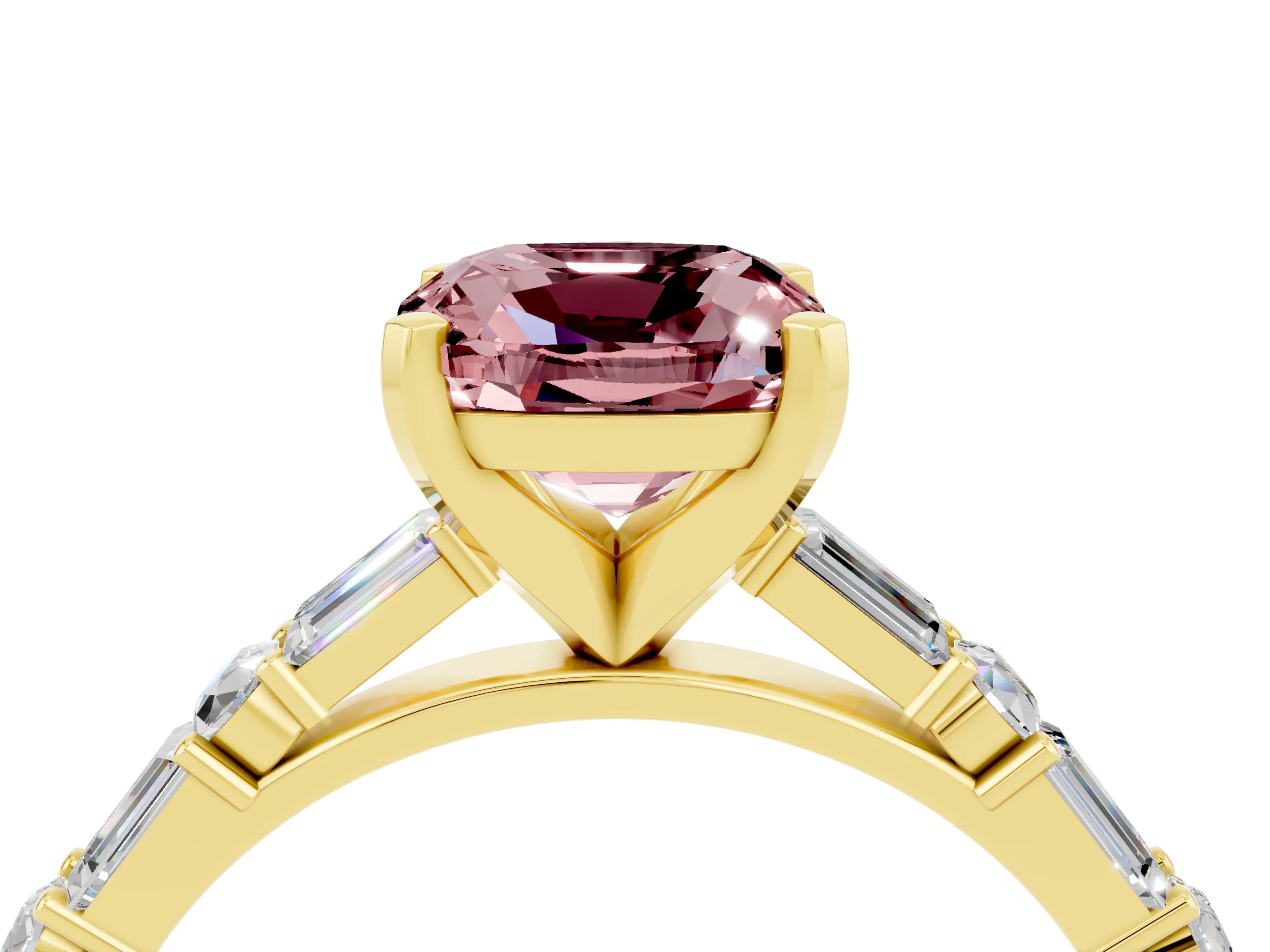 Yellow gold Cushion Cut Morganite Solitaire with Side Baguettes and Channel Set Band_4