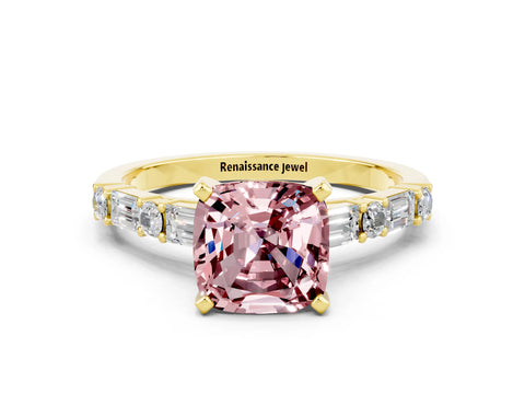 Yellow gold Cushion Cut Morganite Solitaire with Side Baguettes and Channel Set Band