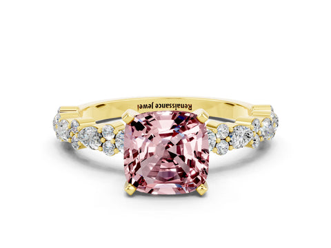 Yellow gold Cushion Cut Morganite Solitaire with Side Stones, Pave Band, Four-Prong Setting_12