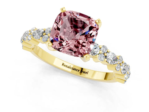 Yellow gold Cushion Cut Morganite Solitaire with Side Stones, Pave Band, Four-Prong Setting_13