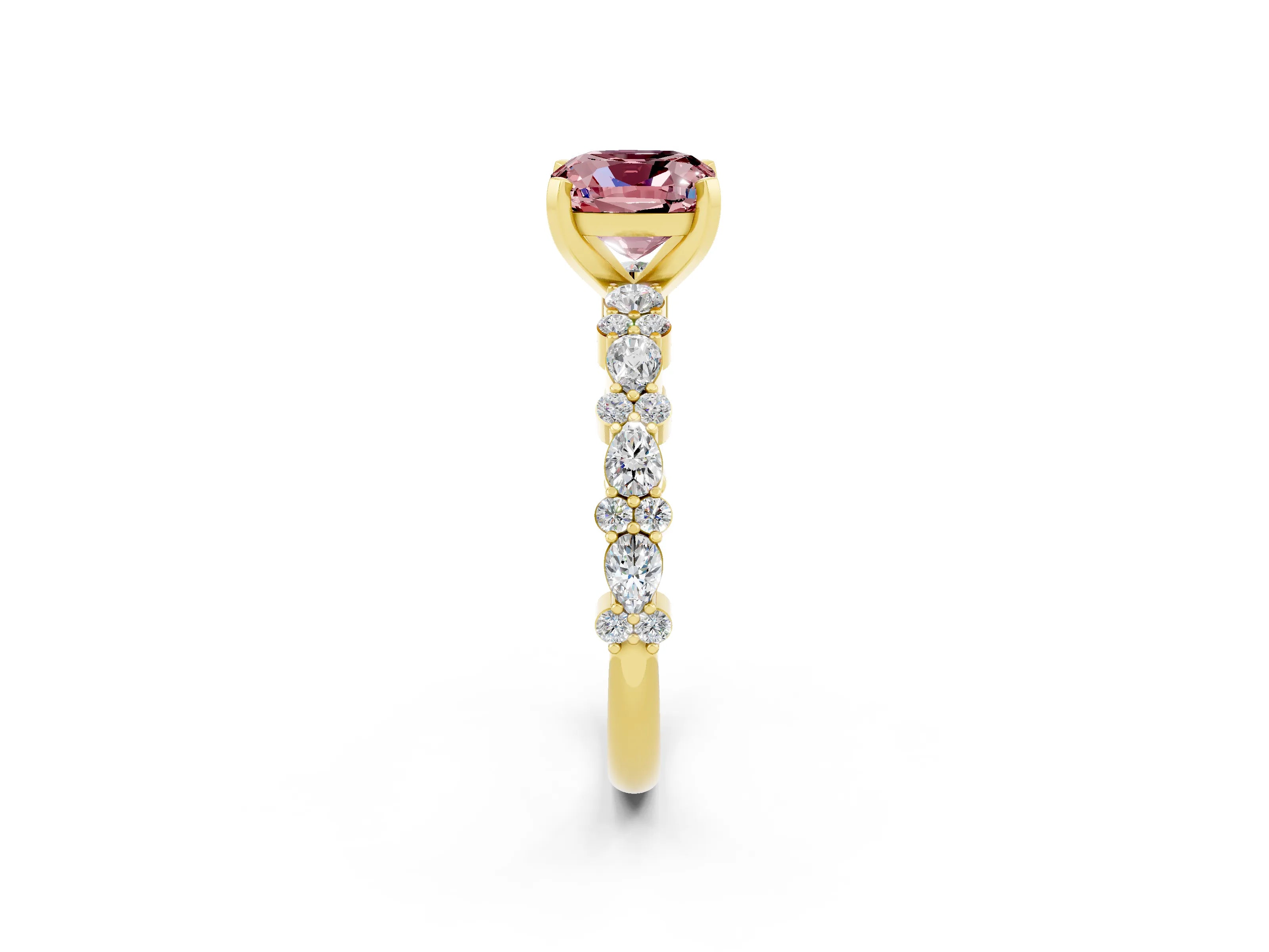 Yellow gold Cushion Cut Morganite Solitaire with Side Stones, Pave Band, Four-Prong Setting_14