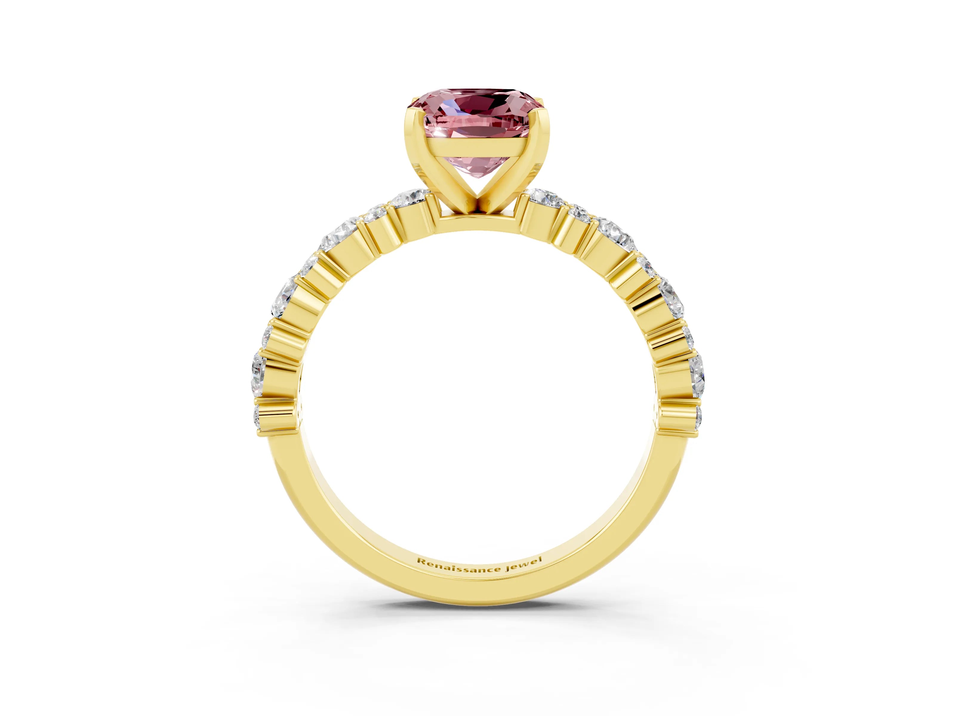 Yellow gold Cushion Cut Morganite Solitaire with Side Stones, Pave Band, Four-Prong Setting_15