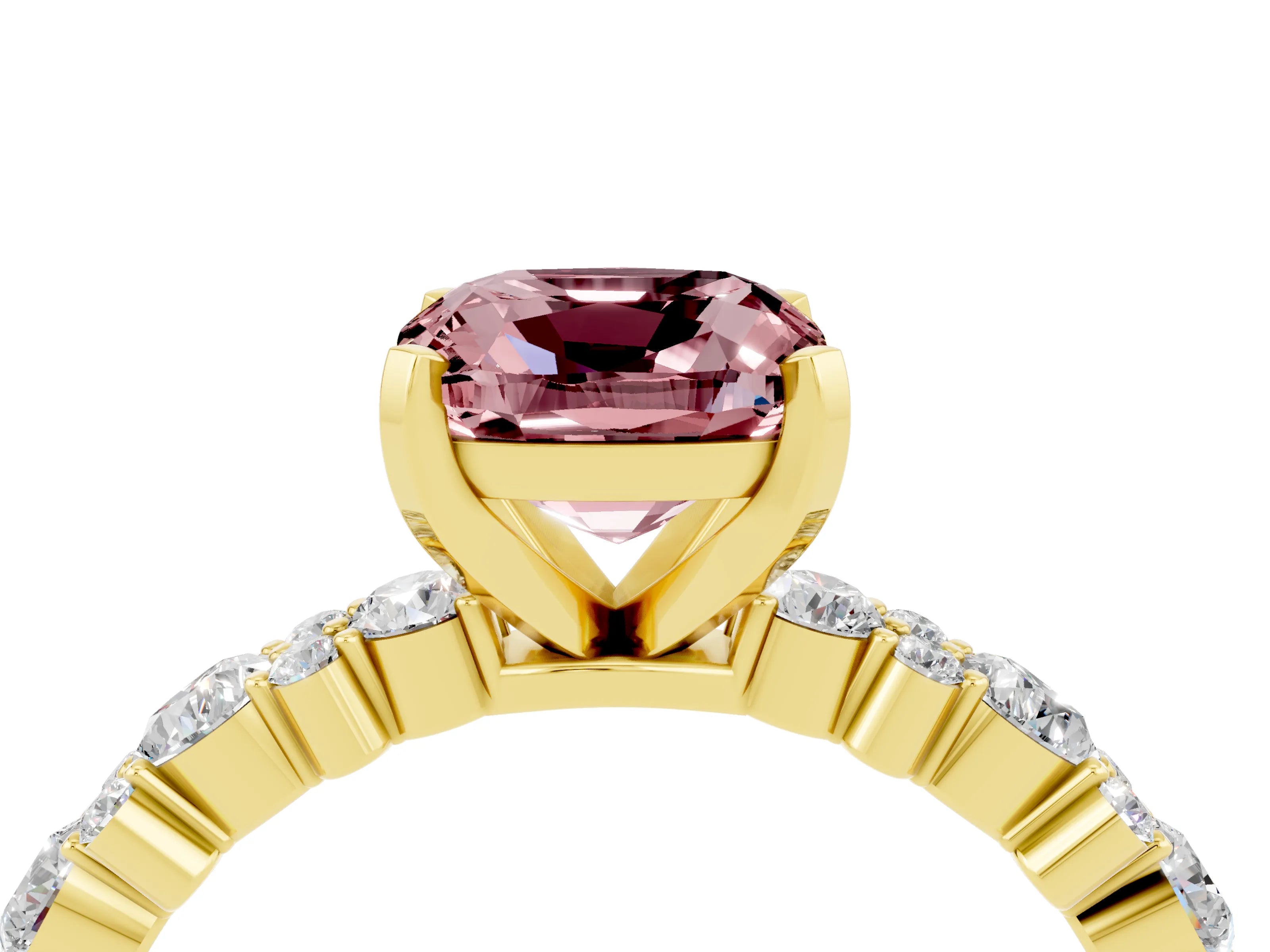 Yellow gold Cushion Cut Morganite Solitaire with Side Stones, Pave Band, Four-Prong Setting_16