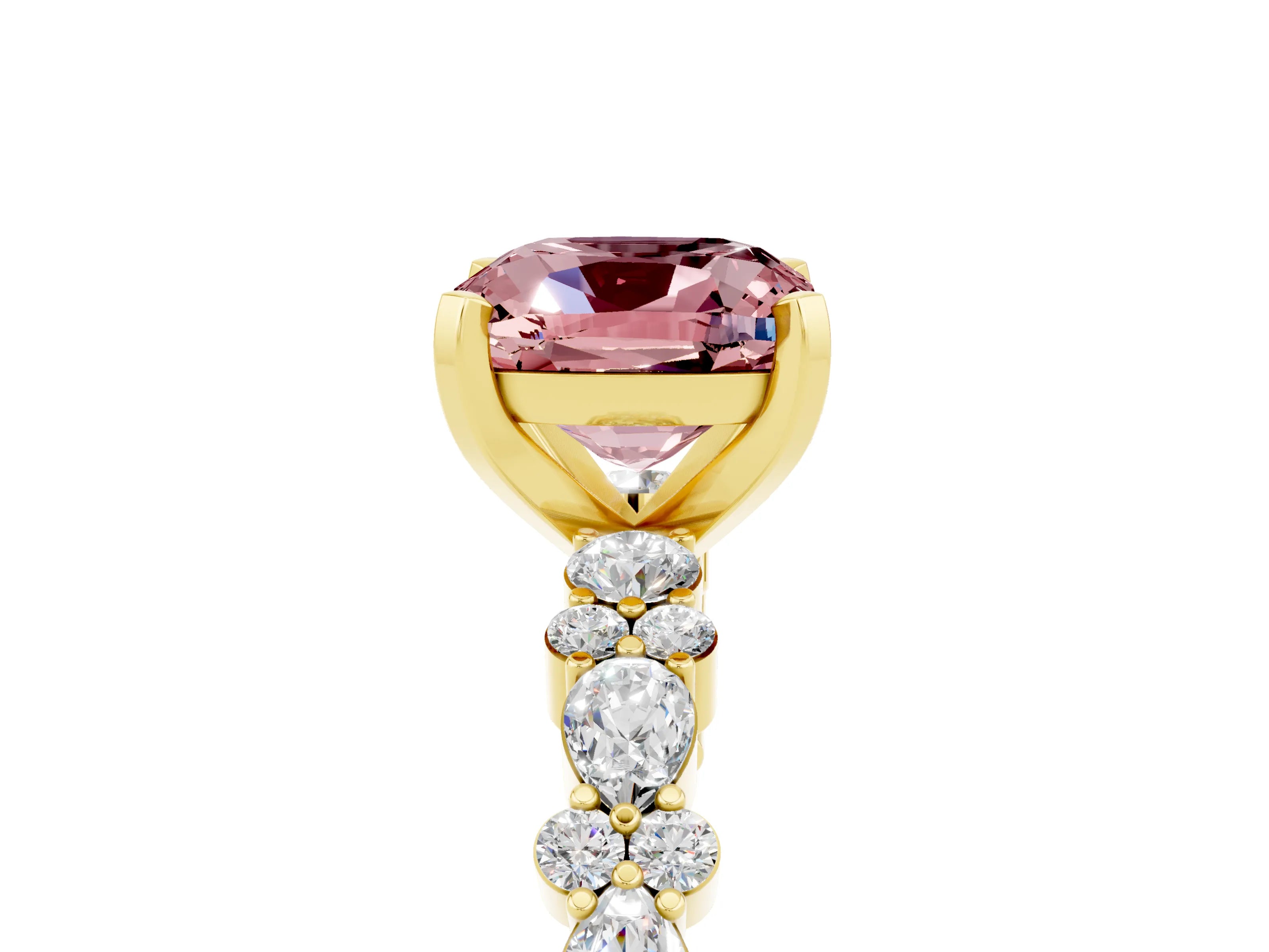 Yellow gold Cushion Cut Morganite Solitaire with Side Stones, Pave Band, Four-Prong Setting_17