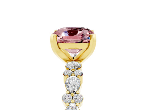 Yellow gold Cushion Cut Morganite Solitaire with Side Stones, Pave Band, Four-Prong Setting_17